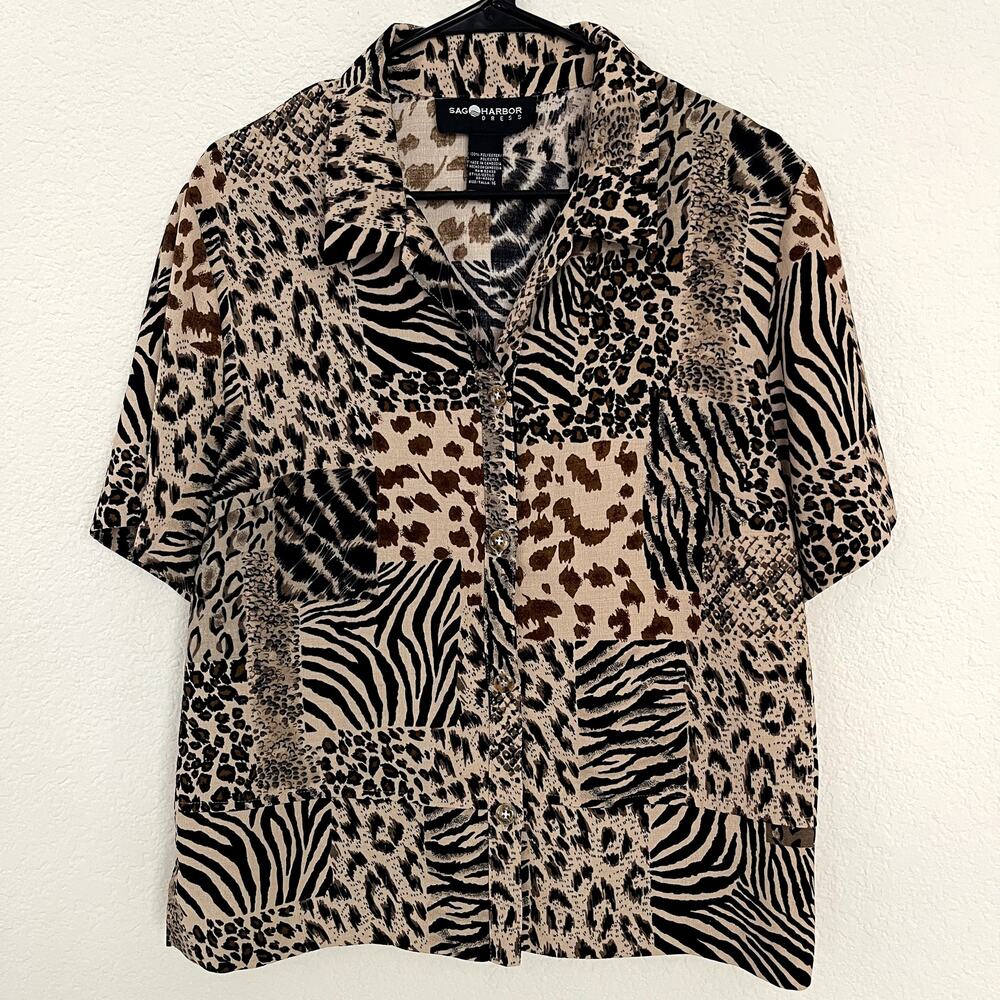 Vintage 90s Sag Harbor Mixed Animal Print Patchwork Blouse Size 16
